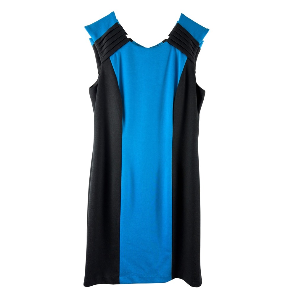 Leslie Fay Blue Black Colorblock Sheath Dress Size 8 Pleated Shoulder Career
